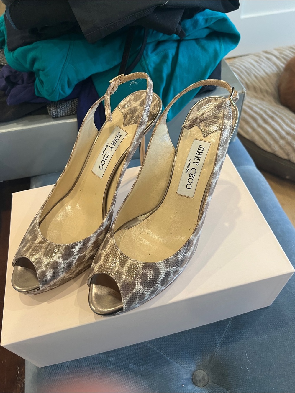 Jimmy Choo Metallic Light Gold Leopard Shimmer Nova Slingback Peep-Toe Heels